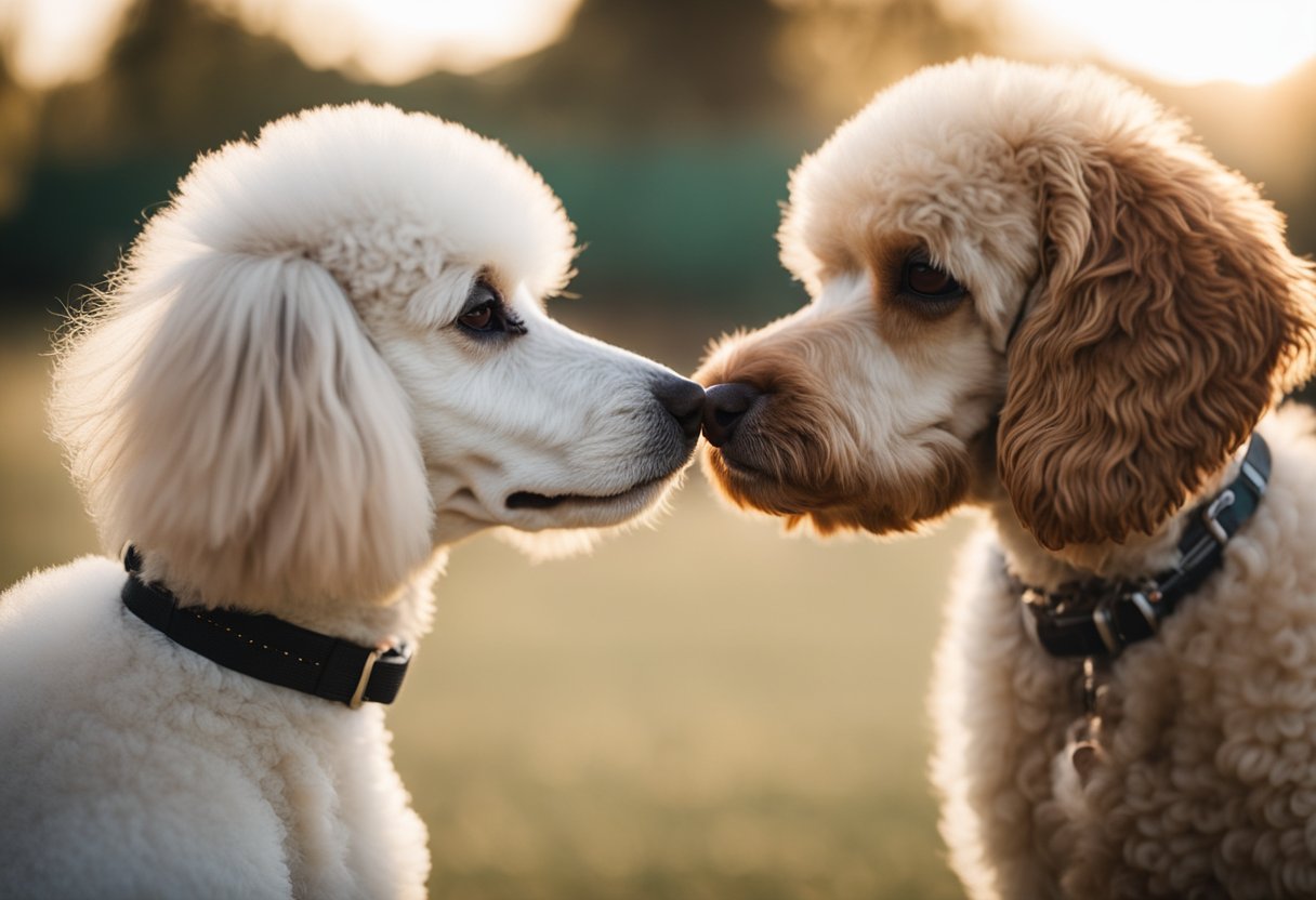 A poodle nuzzles against another dog, pressing their noses together affectionately. Their tails wag and they lean into each other, showing love through physical touch