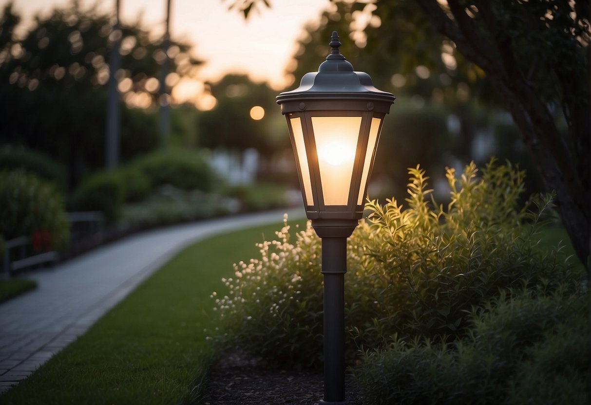 A sturdy outdoor light fixture illuminates a darkening sky, casting a warm glow over a well-maintained garden and pathway