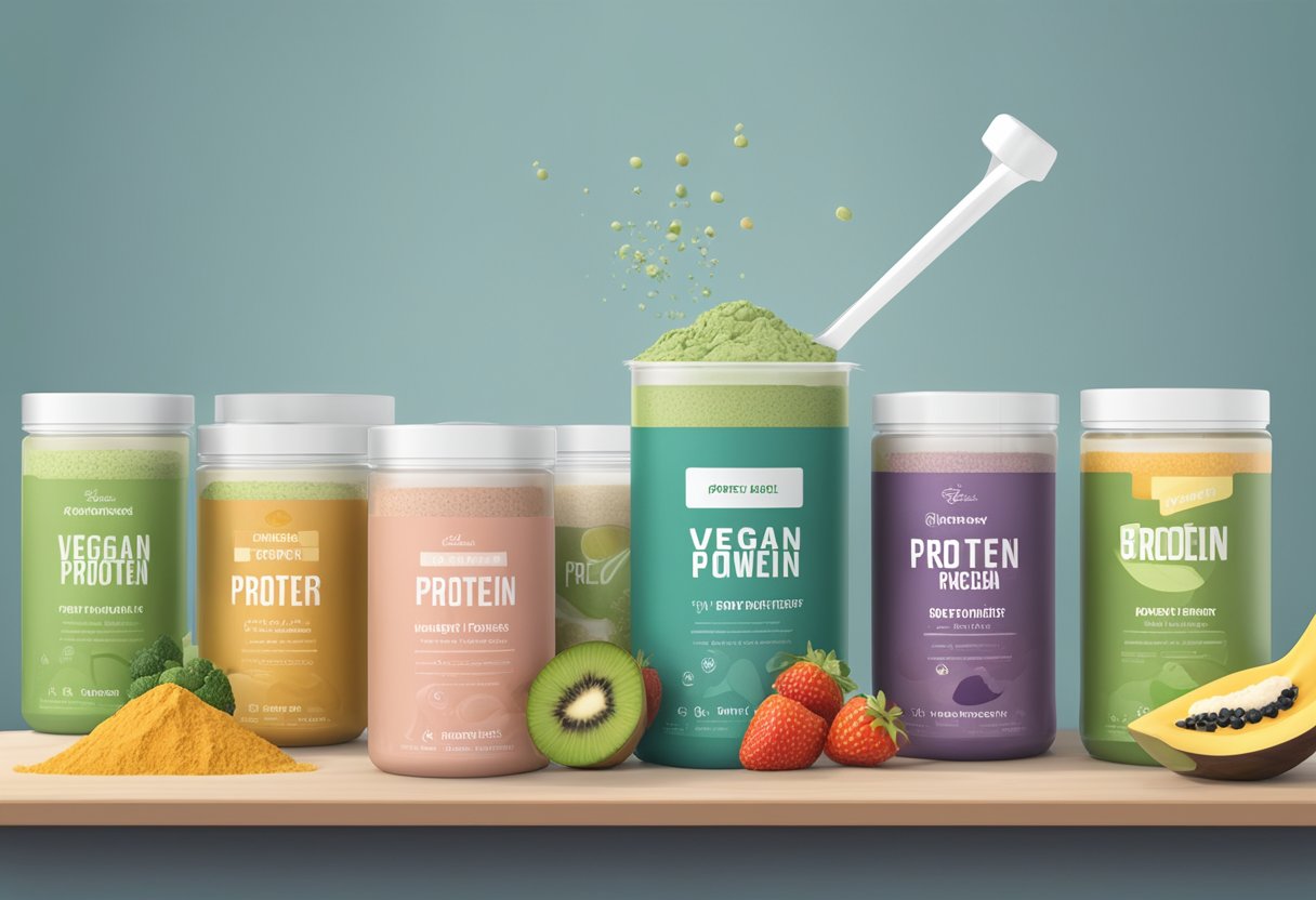 A variety of vegan protein powders sit on a shelf, each labeled with different flavors and ingredients. A scoop of powder is being poured into a blender with fruits and vegetables