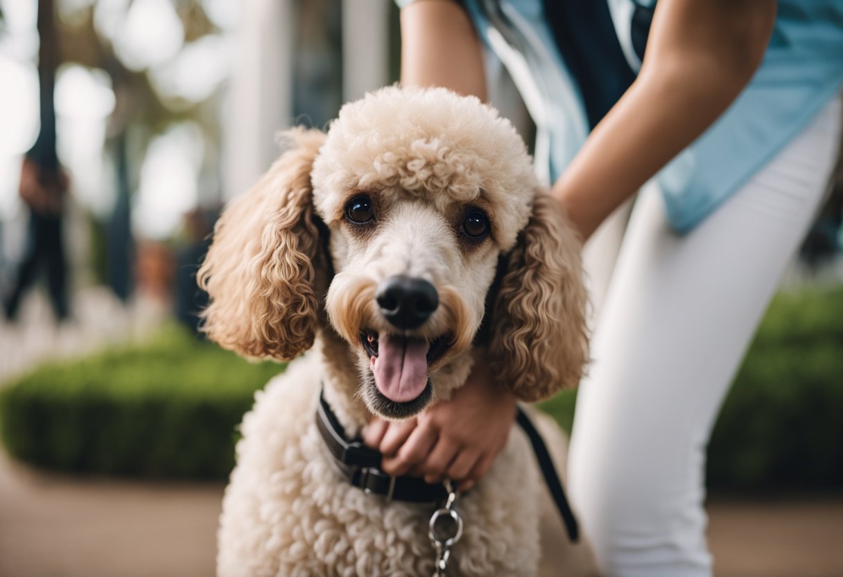 A poodle nuzzles against a person's leg, wagging its tail and looking up with adoring eyes. The person smiles, petting the poodle's soft fur
