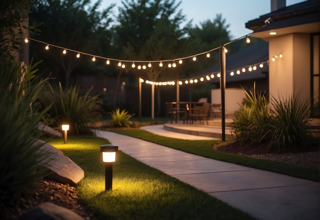 A backyard with a sleek, modern outdoor lighting system illuminating the area from dusk to dawn, casting a warm glow over the landscape