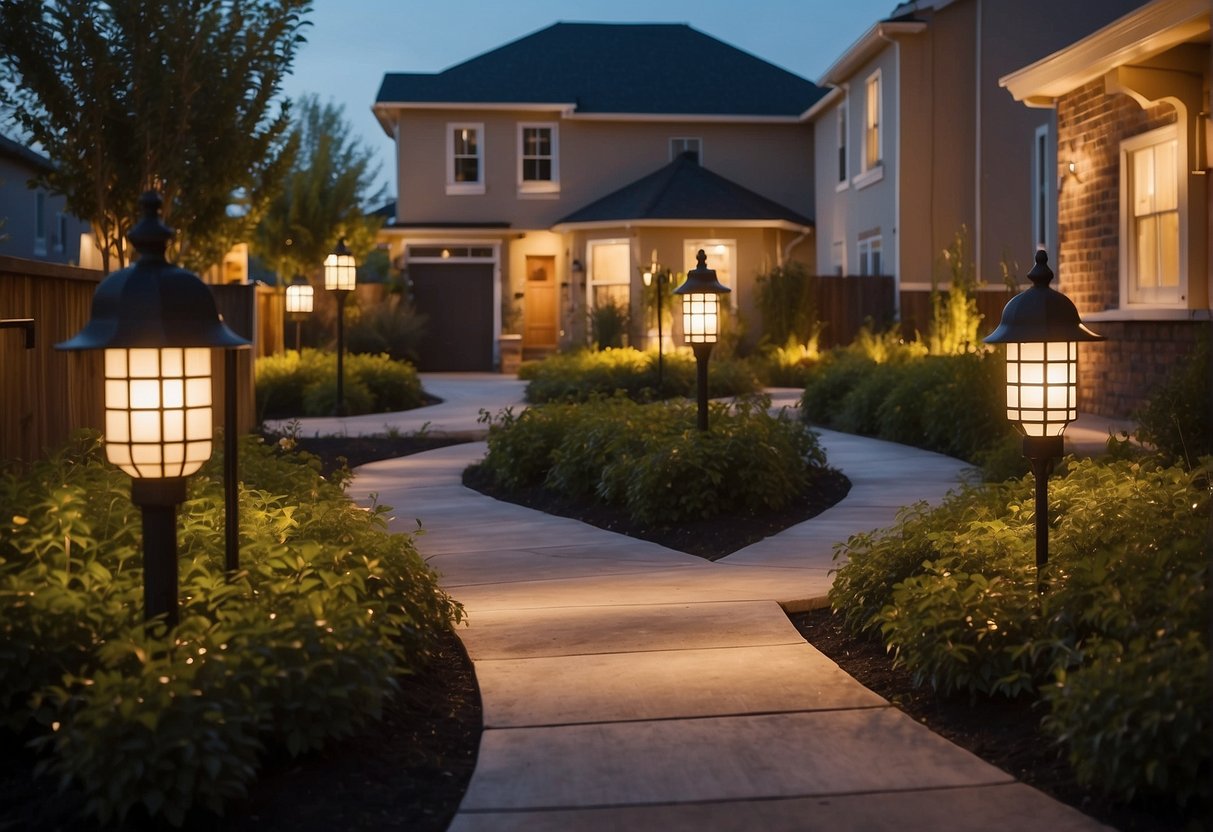 The outdoor area is bathed in a soft, warm glow from the dusk to dawn lighting, providing a sense of safety and security. The light fixtures are strategically placed to illuminate pathways and entrances, creating a welcoming and secure environment