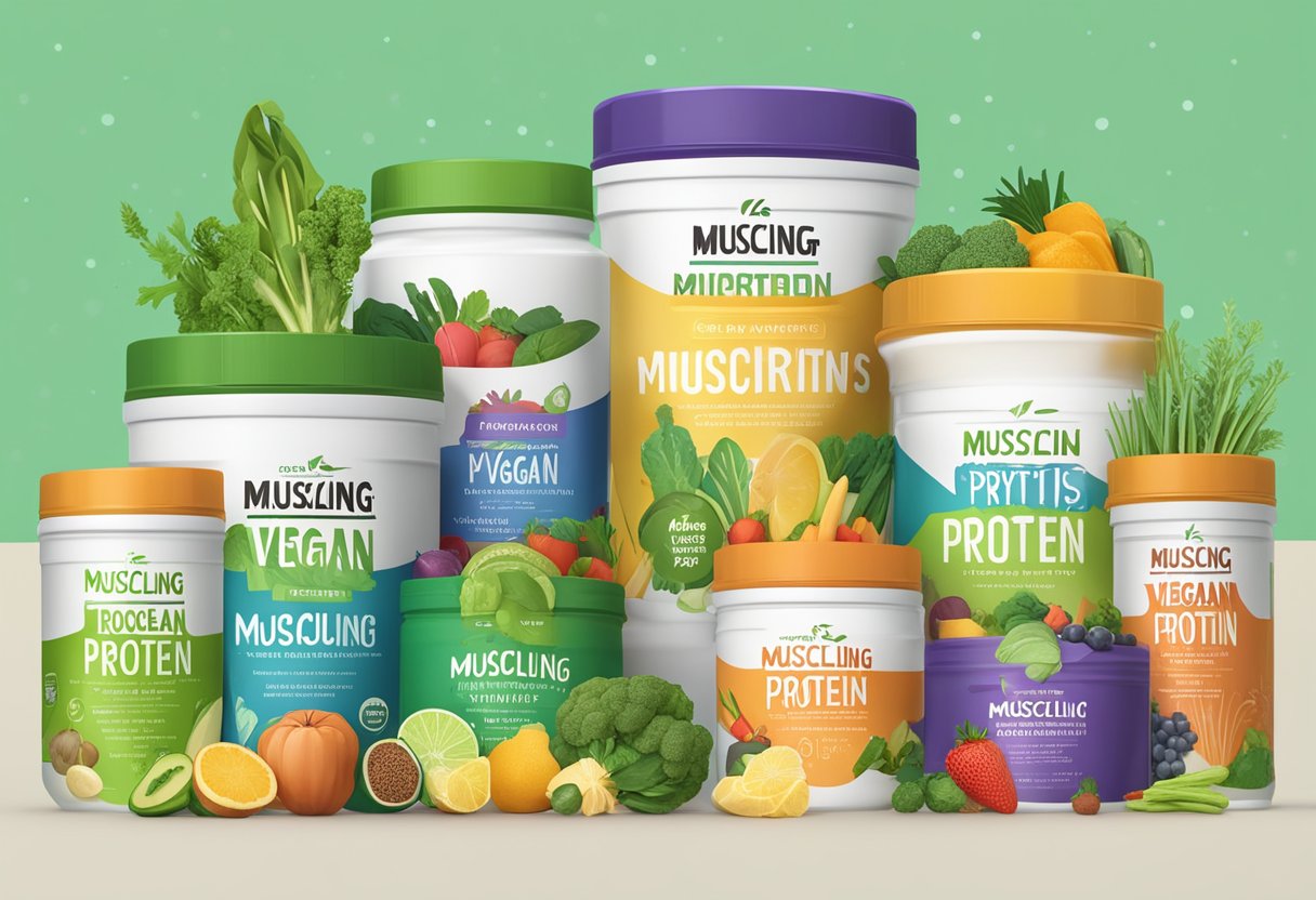 A vibrant assortment of vegan protein powder containers, surrounded by fresh fruits and vegetables, with a prominent "Muscling Through Myths" title