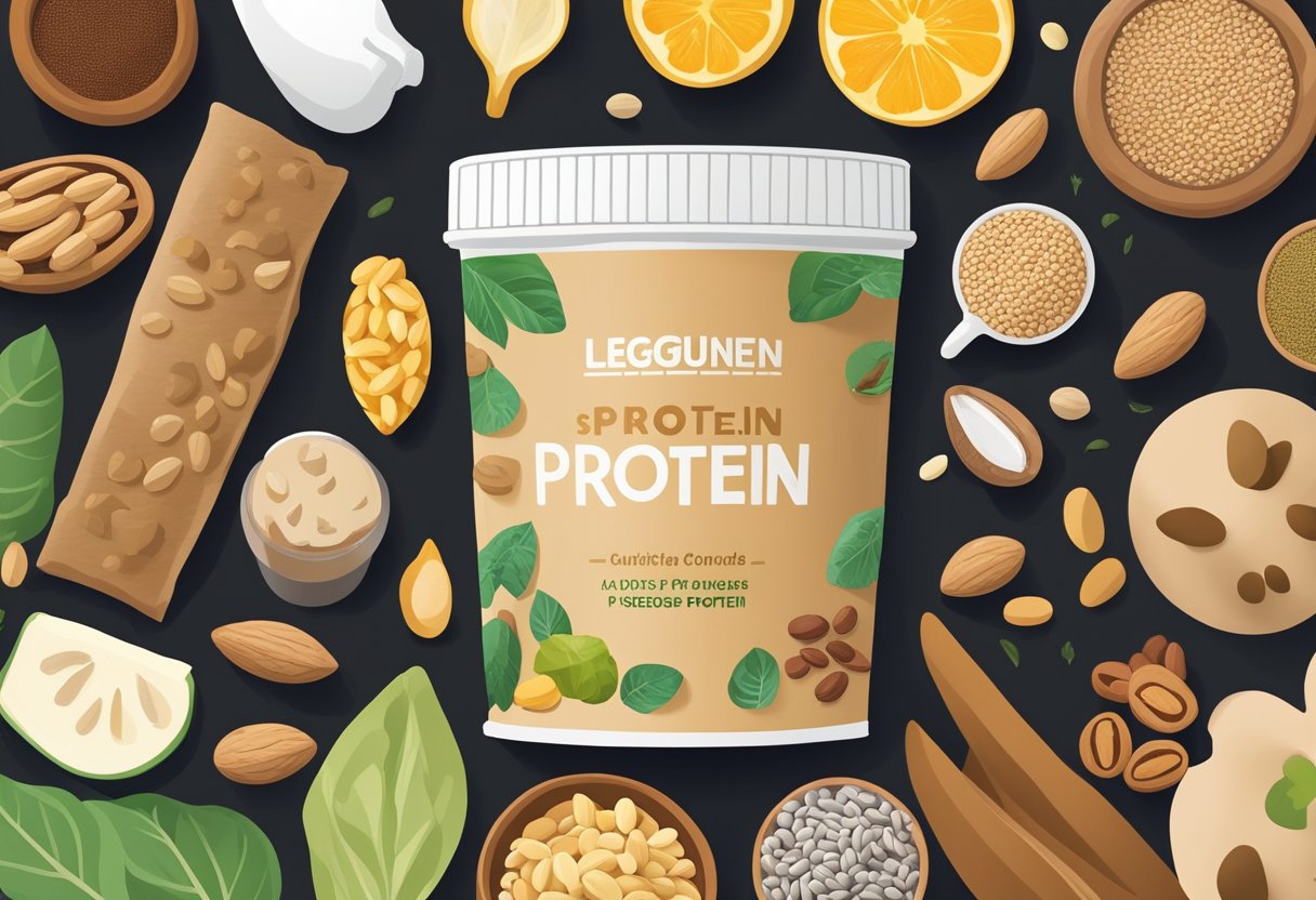 A variety of plant-based foods, such as nuts, seeds, and legumes, surround a container of vegan protein powder, showcasing the diverse sources of nutrition beyond just protein