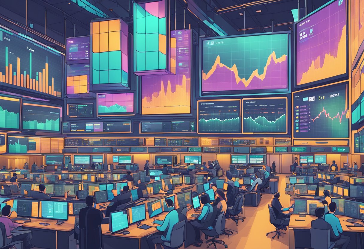 A bustling trading floor with charts and graphs, Bybit and Kraken logos prominent. Liquidity and volume indicators flashing on screens