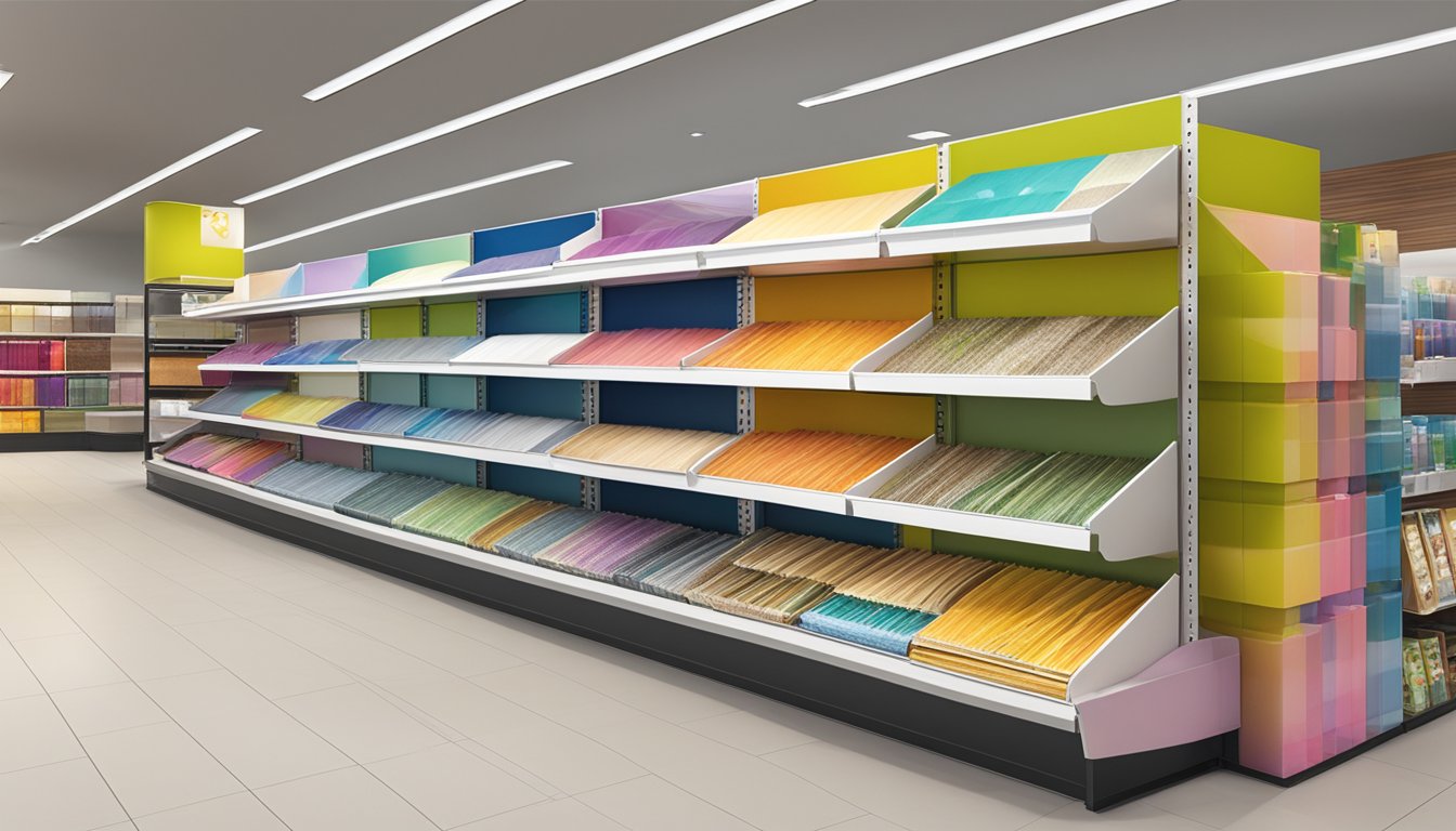 A store shelf displays various laminate sheets in Singapore