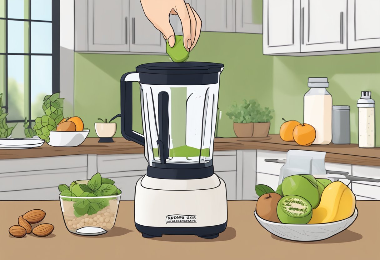 A scoop of vegan protein powder being added to a blender with fruits and almond milk. Text "How to Use Vegan Protein Powders Effectively" in bold above the scene