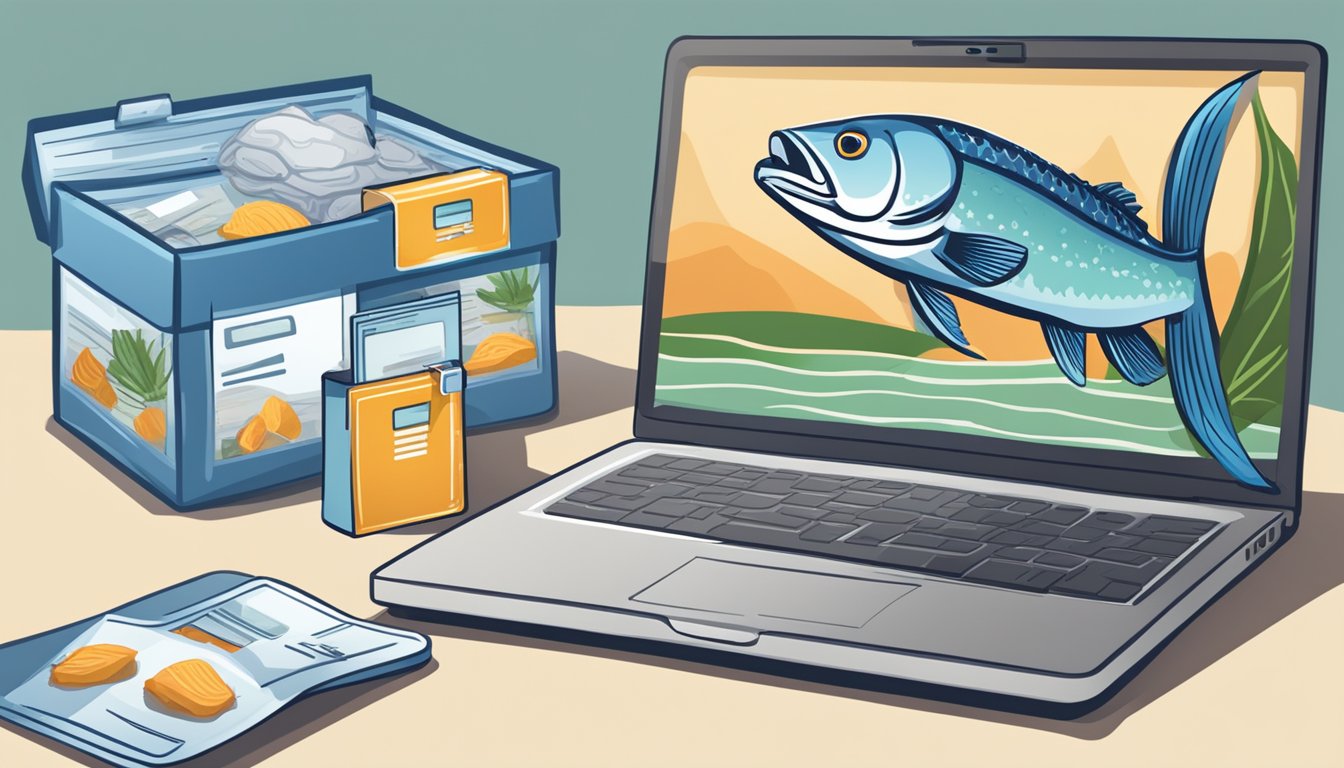 A laptop open to a website with a "buy barramundi online" button, surrounded by fresh fish, a shipping box, and a credit card