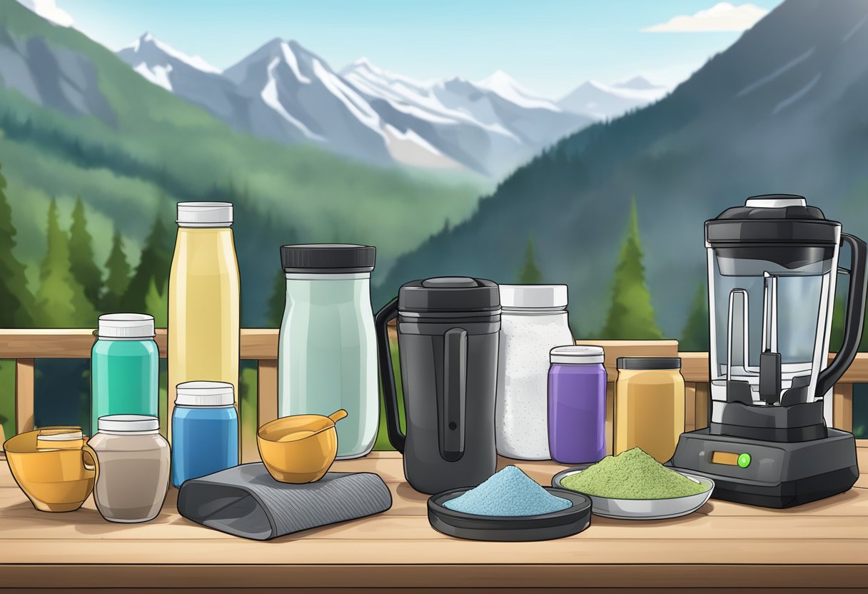 A table displays various vegan protein powders next to a blender and athletic gear. A mountain trail and gym equipment are in the background