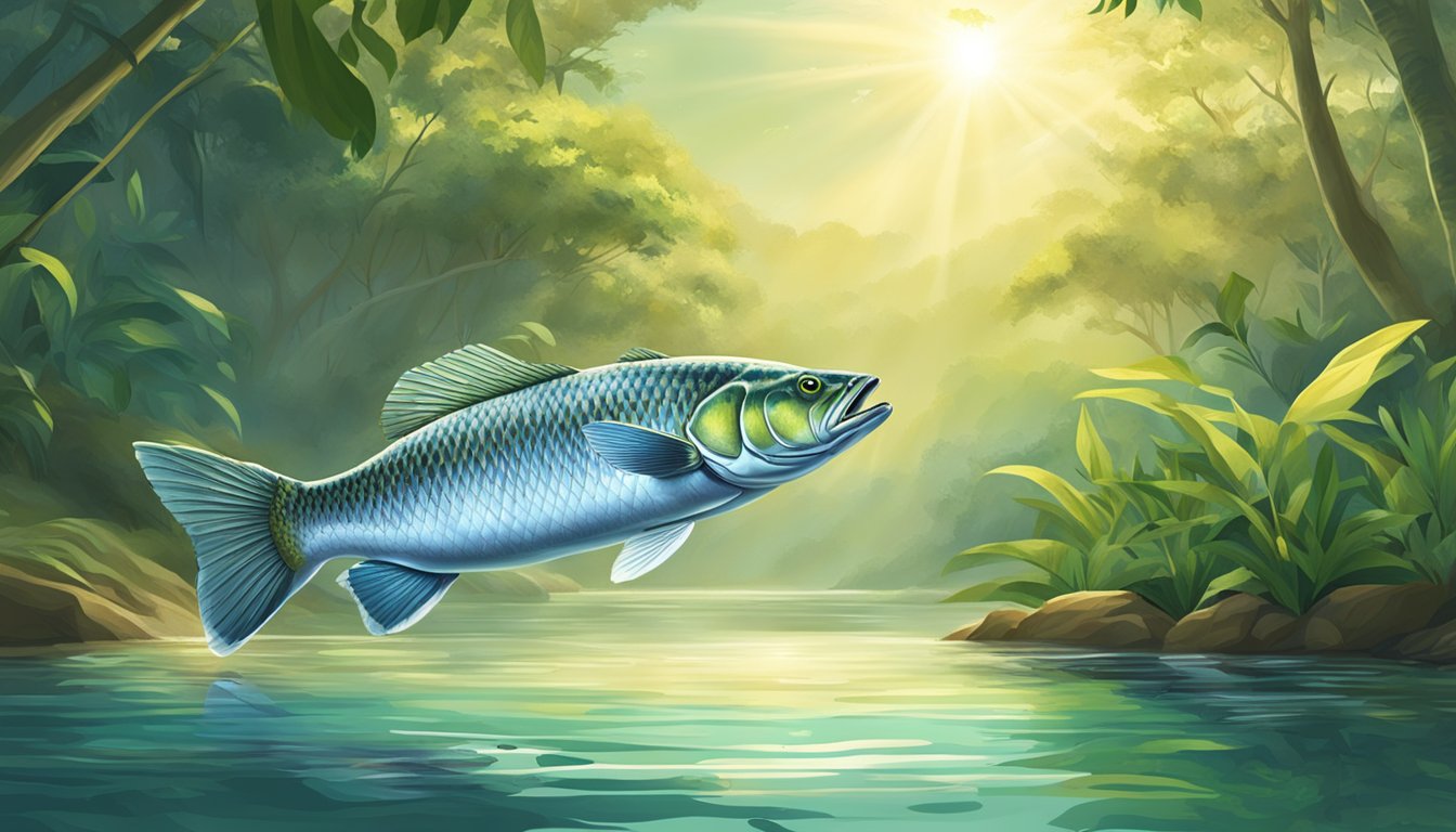 A serene river flows through a lush, tropical landscape. A barramundi leaps gracefully out of the water, glistening in the sunlight