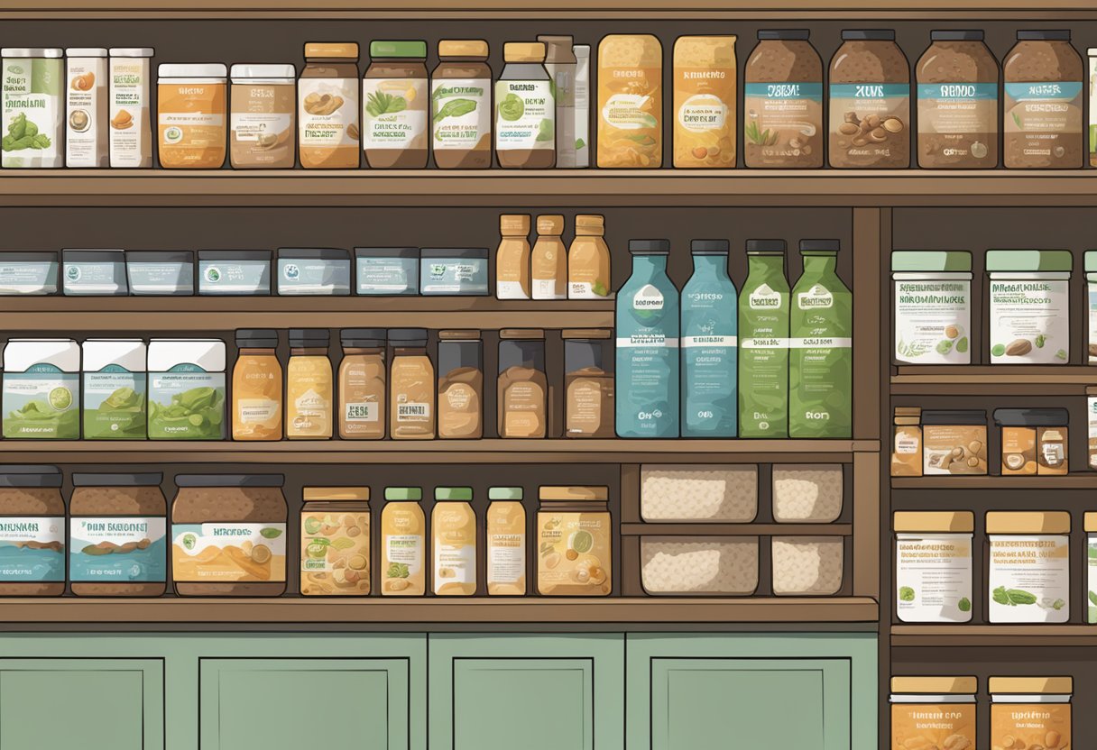 A variety of vegan protein products line the shelves, each labeled with nutritional information and ingredient lists. The focus is on decoding the labels to determine their health benefits