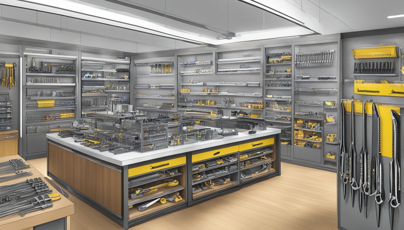 A display of Leatherman tools at a Singaporean retail store, with various models and accessories showcased on shelves and counters