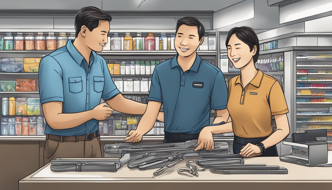 A customer service representative assists a client with a Leatherman product at a retail store in Singapore