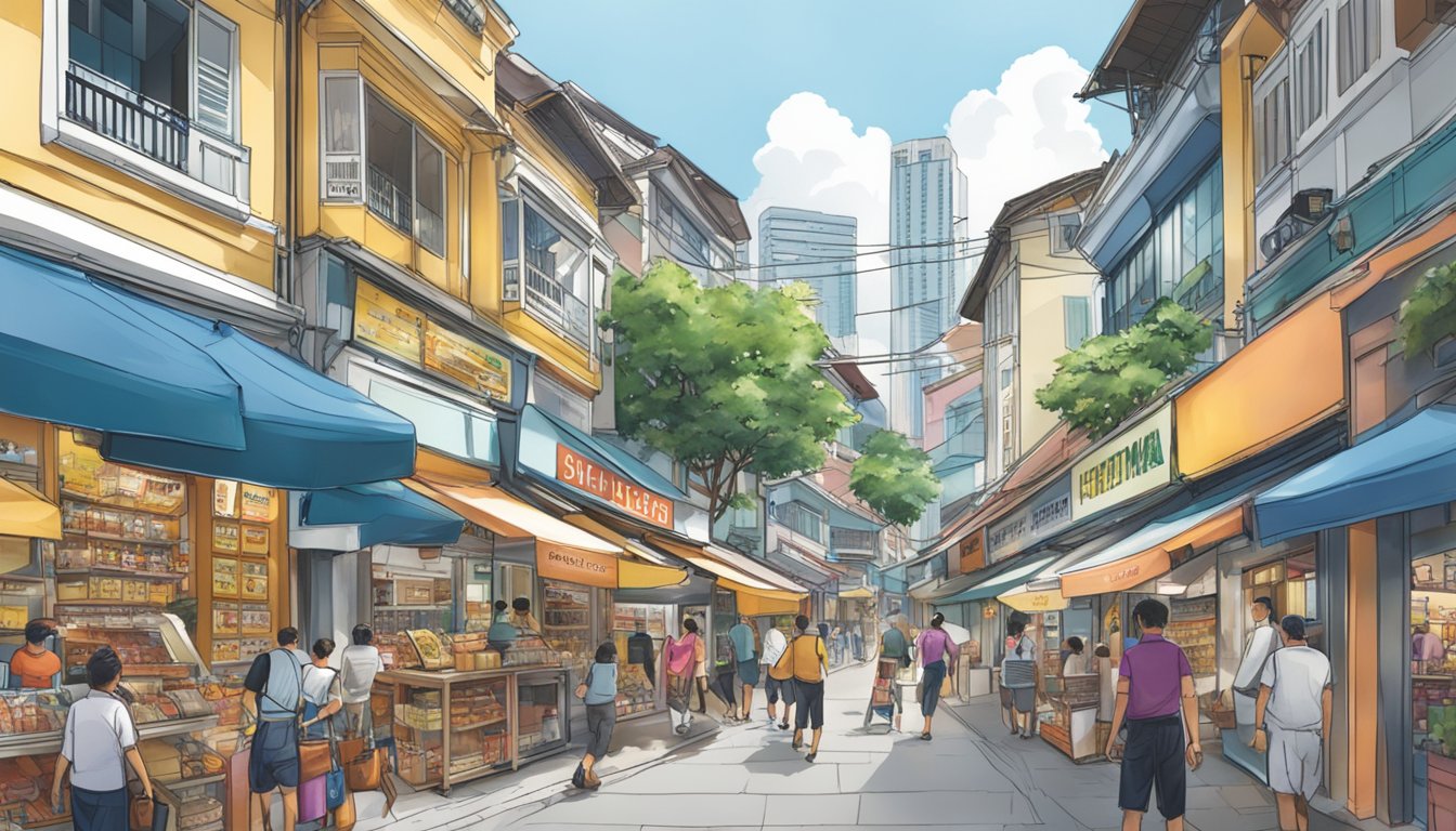 A bustling Singapore street with shops and signs, showcasing Leatherman products