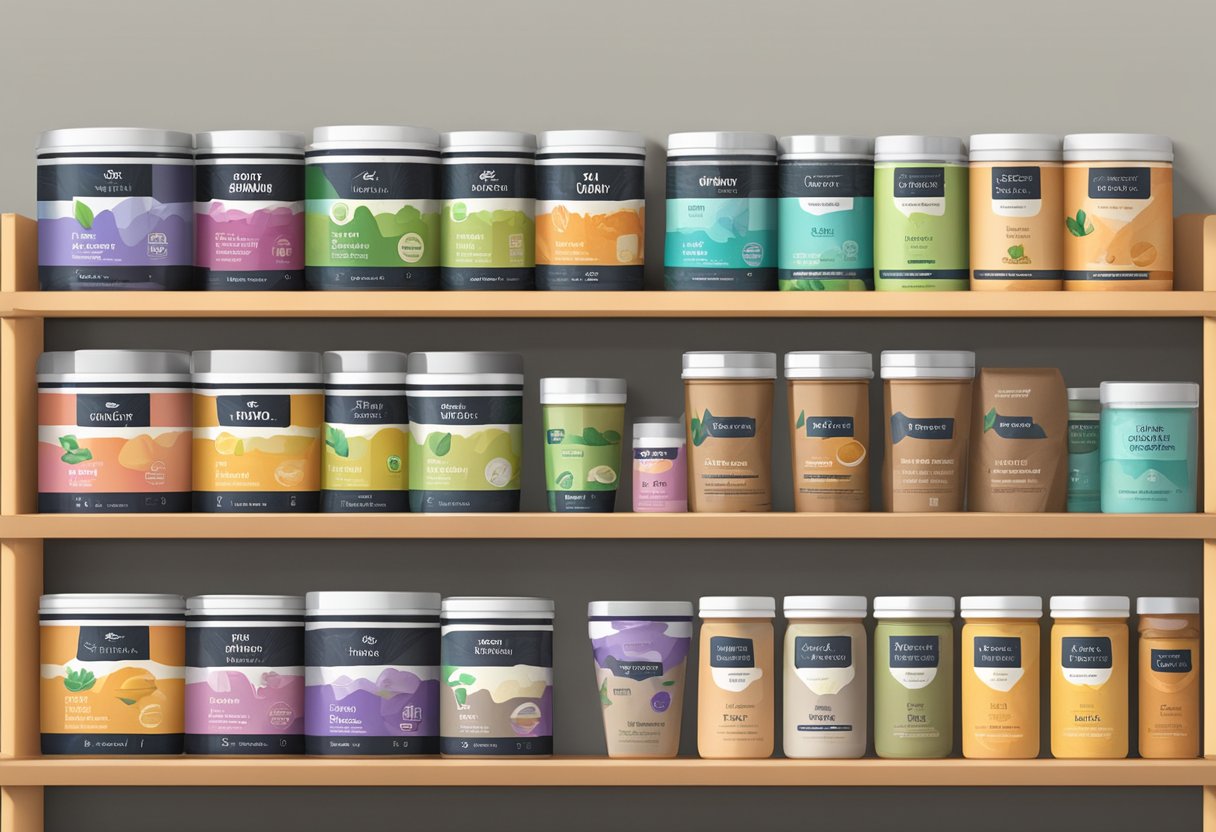 A variety of vegan protein powder containers arranged on a shelf with labels indicating different flavors and benefits