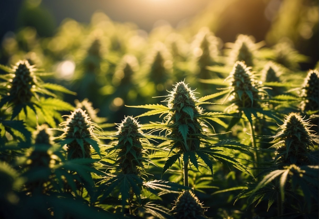 Healthy cannabis plants bask in the warm glow of the sun, their vibrant green leaves glistening with resin. Each plant exhibits unique strain-specific characteristics, signaling the optimal time for outdoor harvest