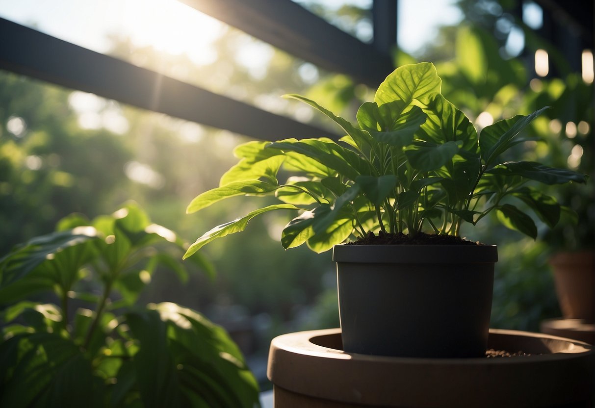 Sunlight filters through the leaves of the pot plant, while a gentle breeze rustles the surrounding foliage. The sky is clear, with no signs of impending rain