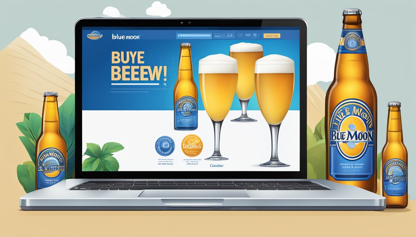 A computer screen with a web browser open to a website selling Blue Moon beer. A cursor hovers over the "buy now" button