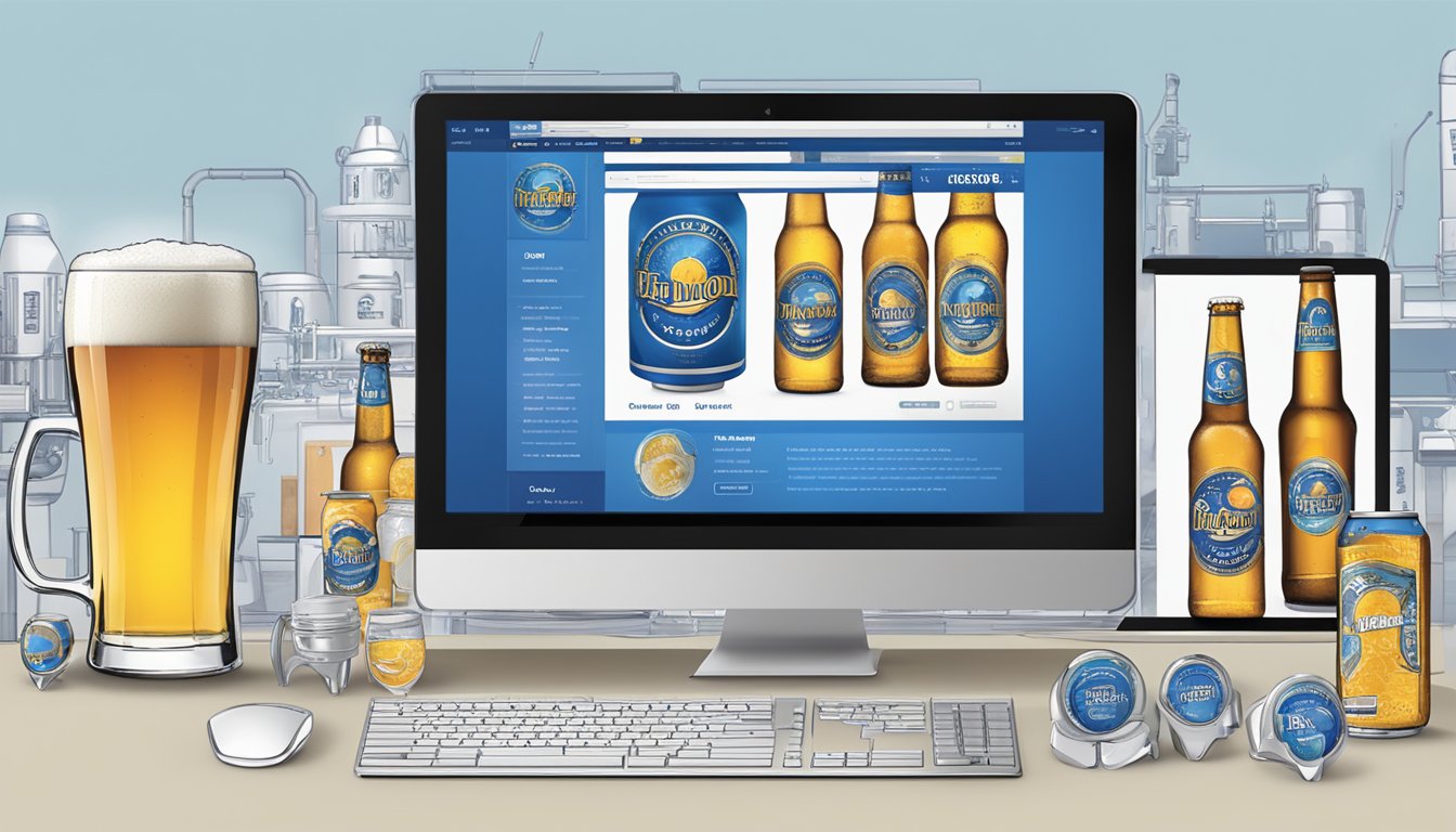 A computer screen displaying a website with the Blue Moon beer logo, a variety of beer options, and a "buy now" button
