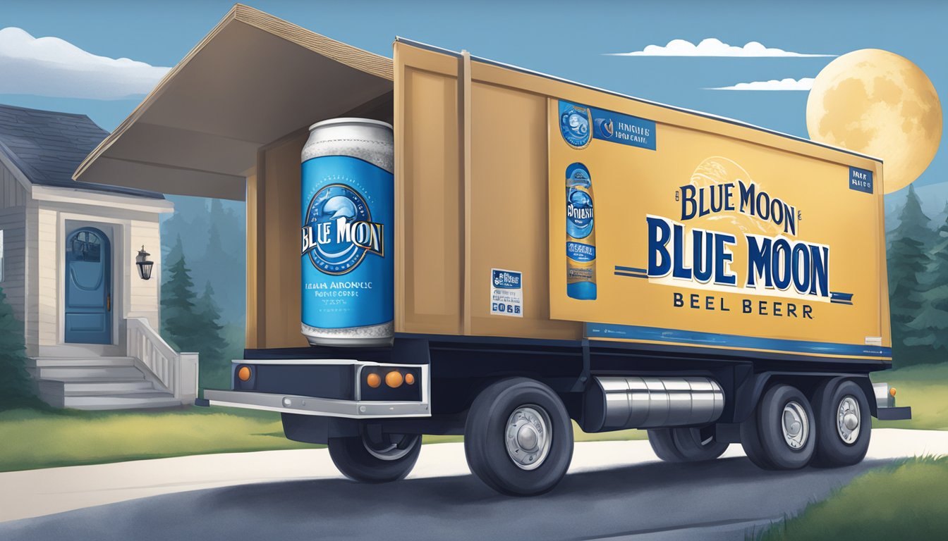 A package of Blue Moon beer being delivered to a doorstep with "Blue Moon" branding and a secure, well-packaged box
