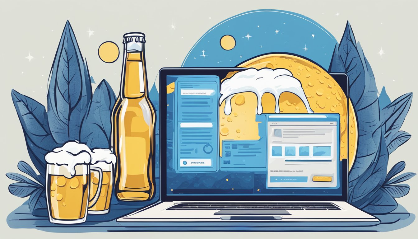 A laptop open to a website with "Frequently Asked Questions" about buying Blue Moon beer online