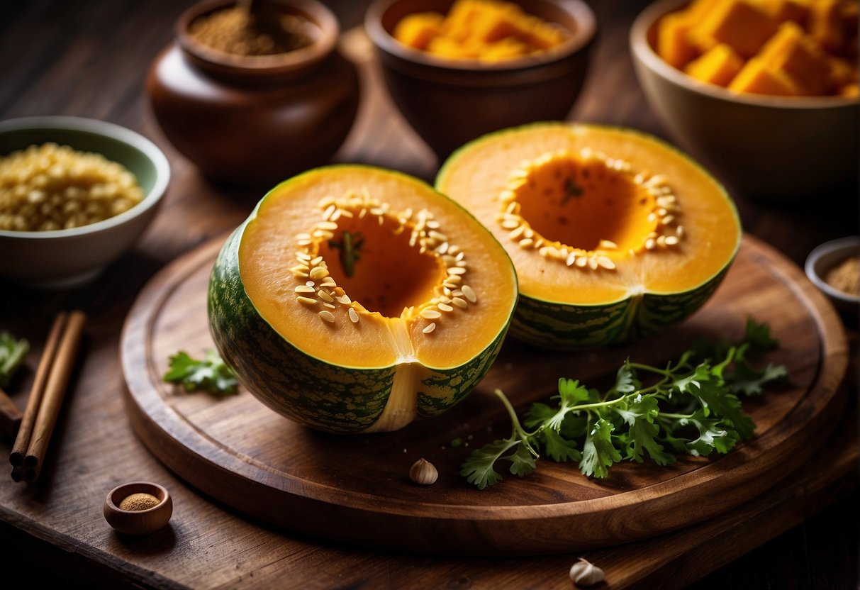 A vibrant kabocha squash sits on a wooden cutting board surrounded by ingredients like ginger, garlic, and soy sauce. A wok sizzles on a stovetop, ready to stir-fry the pieces of squash to perfection