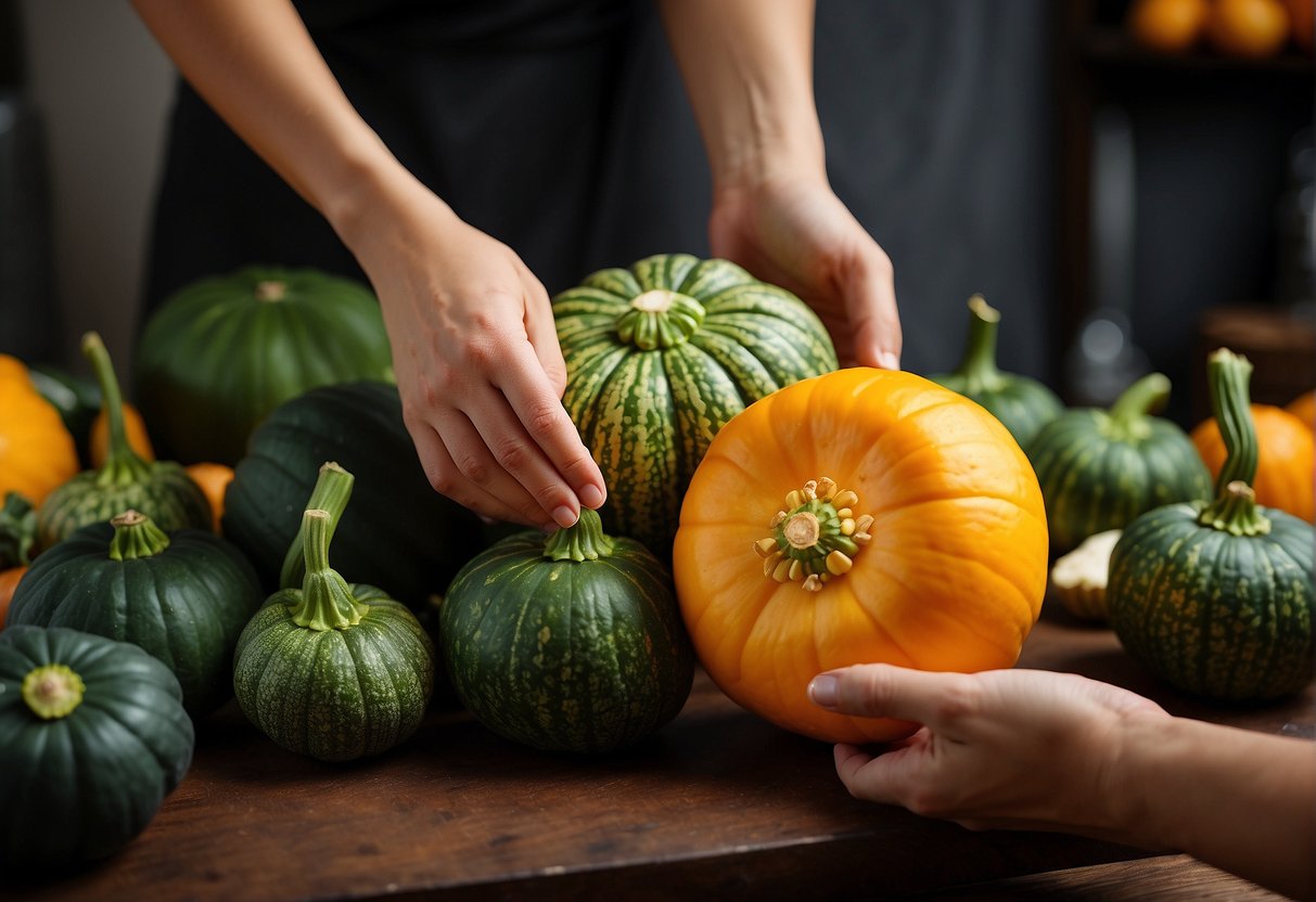 A hand reaches for a vibrant green kabocha squash, carefully inspecting its smooth skin and round shape. Surrounding the squash are various ingredients and cooking utensils, hinting at a delicious Chinese kabocha squash recipe