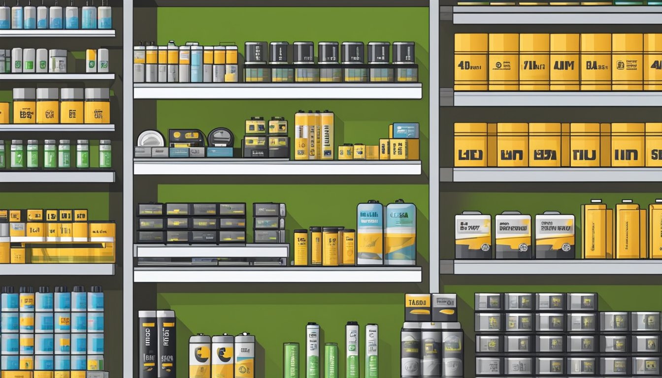 Shelves stocked with lithium batteries in a well-lit electronics store in Singapore. Various brands and sizes are displayed for purchase