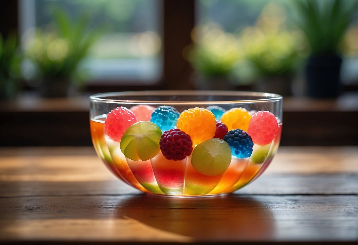 A glass bowl filled with colorful layers of Chinese jelly, garnished with fresh fruit and a drizzle of syrup, placed on a wooden table