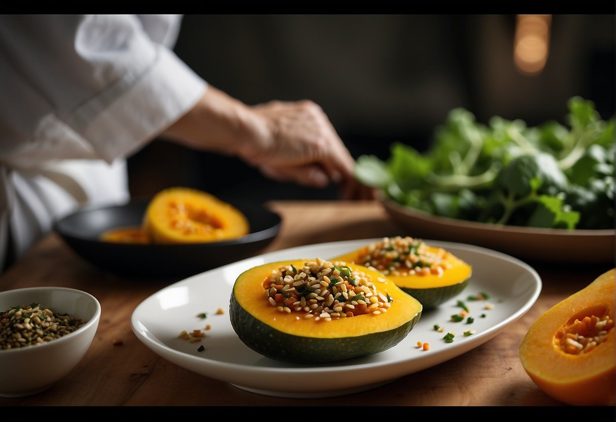 A chef slices and seasons kabocha squash, then stir-fries with garlic and ginger. The dish is finished with a drizzle of soy sauce and a sprinkle of sesame seeds