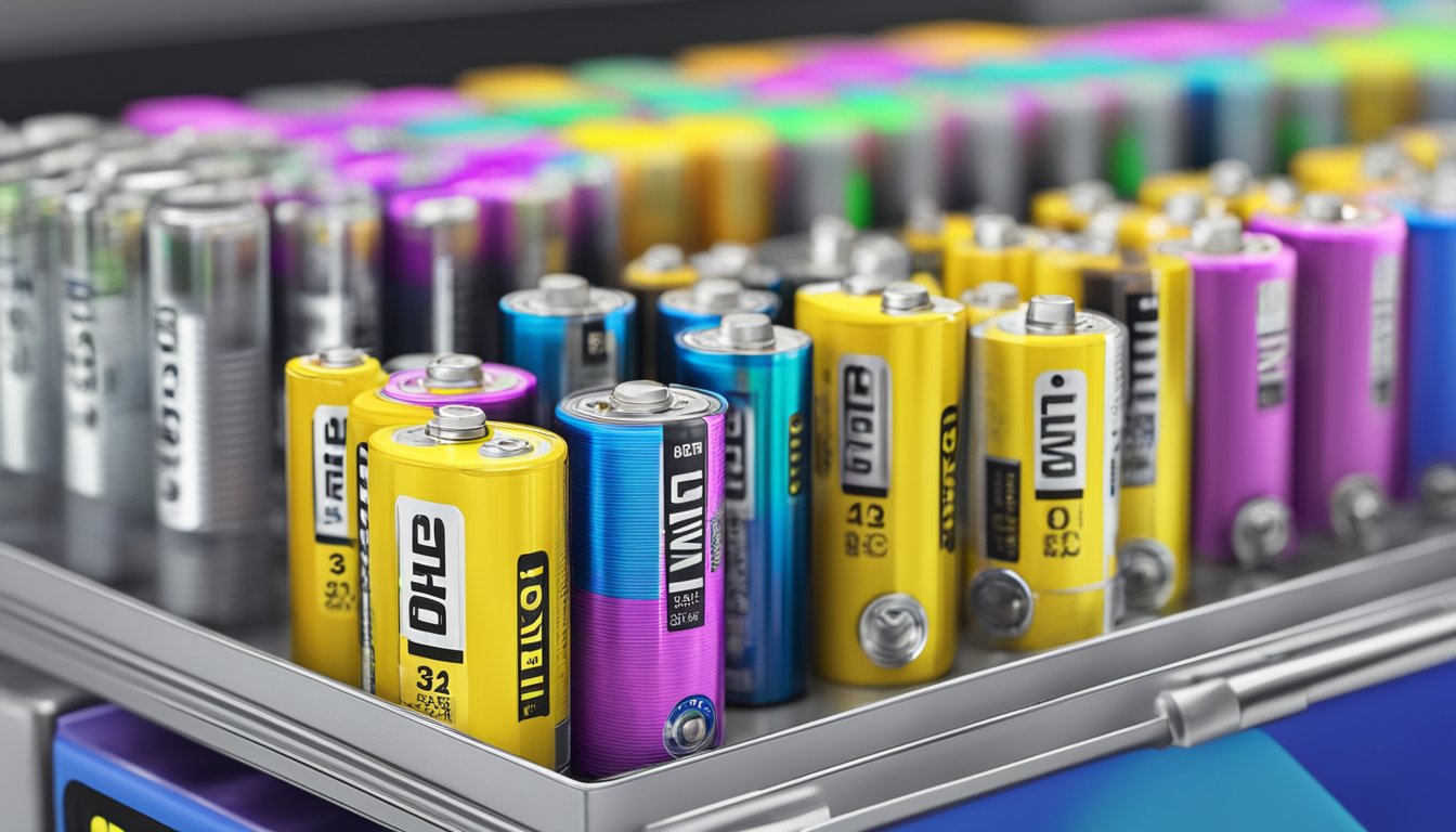 A display of various lithium battery brands and specifications, with price tags, in a Singapore electronics store