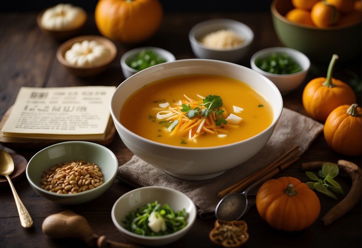 A steaming bowl of Chinese kabocha squash soup surrounded by fresh ingredients and a recipe card