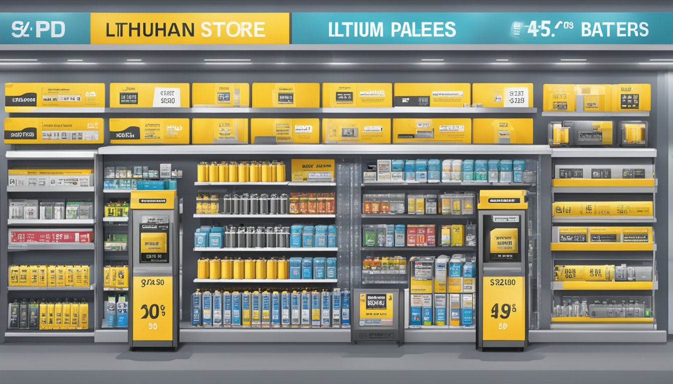 A store display of lithium batteries in Singapore, with clear signage and pricing information