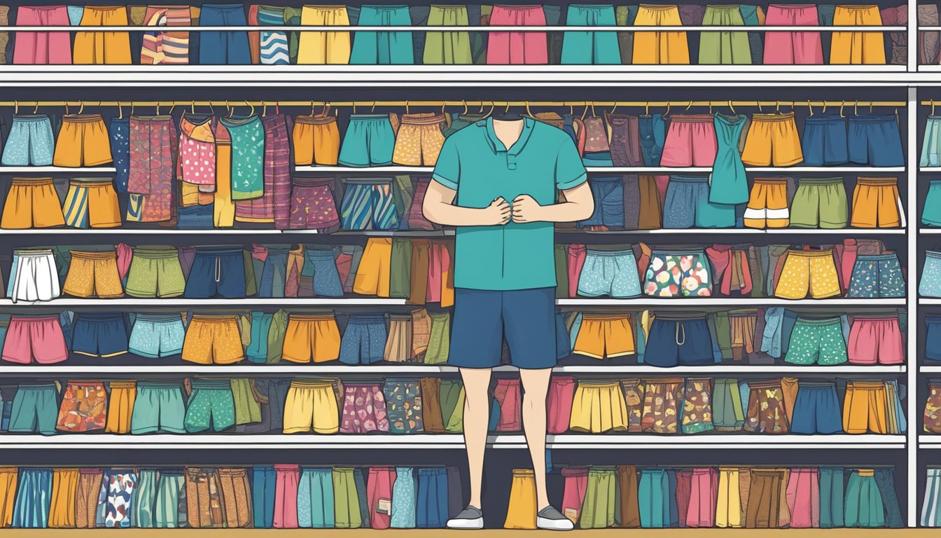 A hand reaches for a colorful array of boxer shorts displayed on a shelf, with various patterns and designs to choose from
