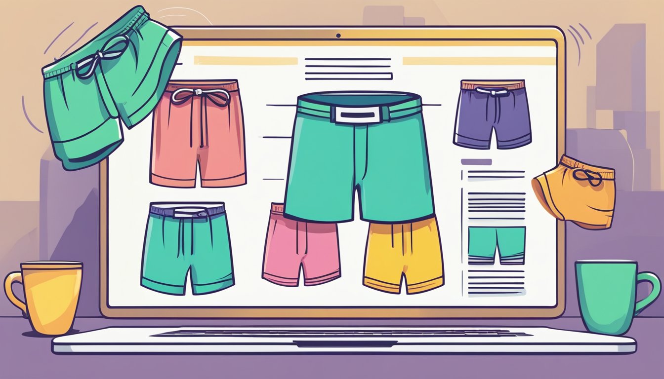 A computer screen displaying a website with various colorful boxer shorts. A hand cursor clicks on a pair to add to the virtual shopping cart