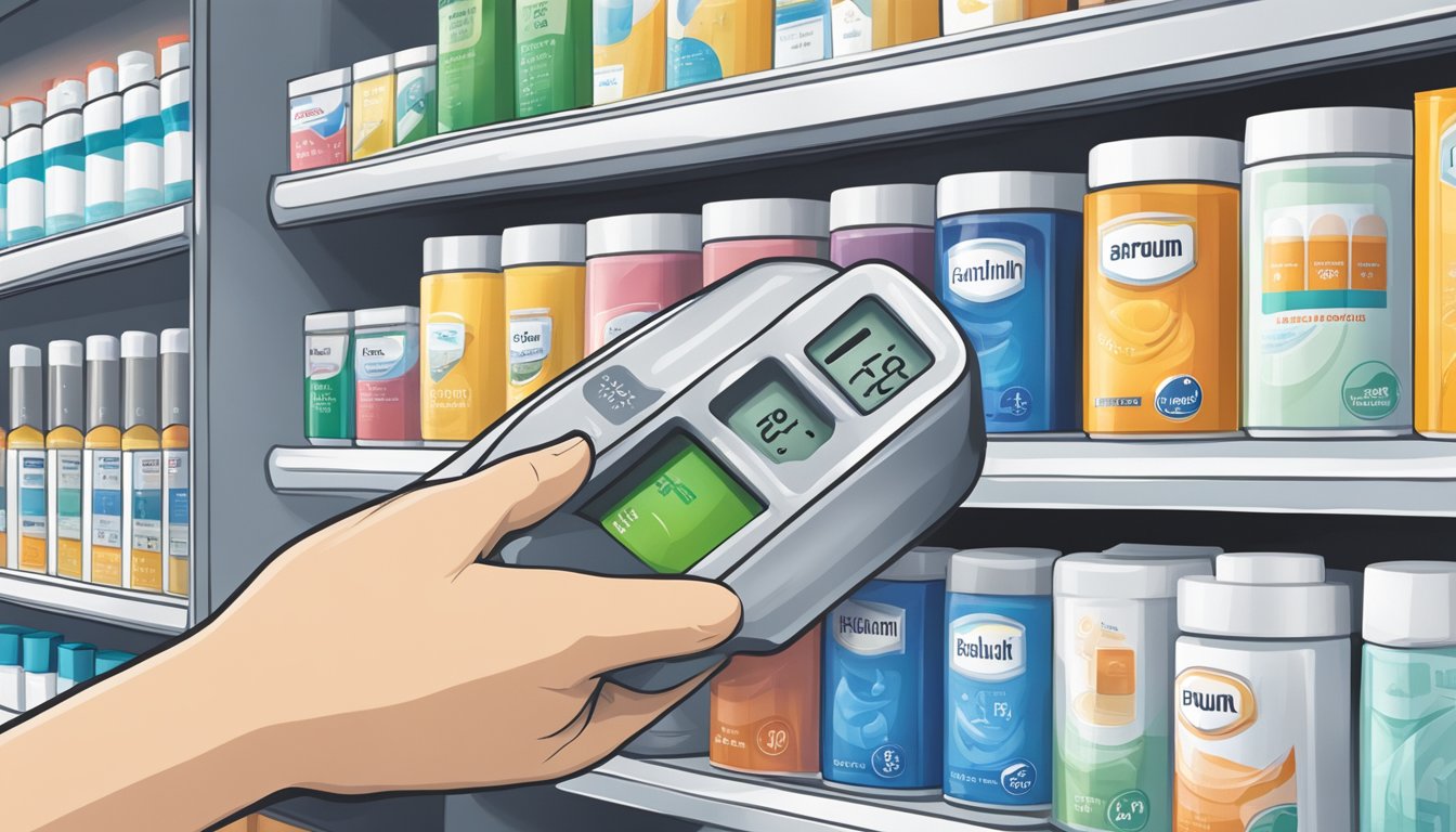 A hand reaching for a Braun thermometer box on a shelf in a Singapore pharmacy
