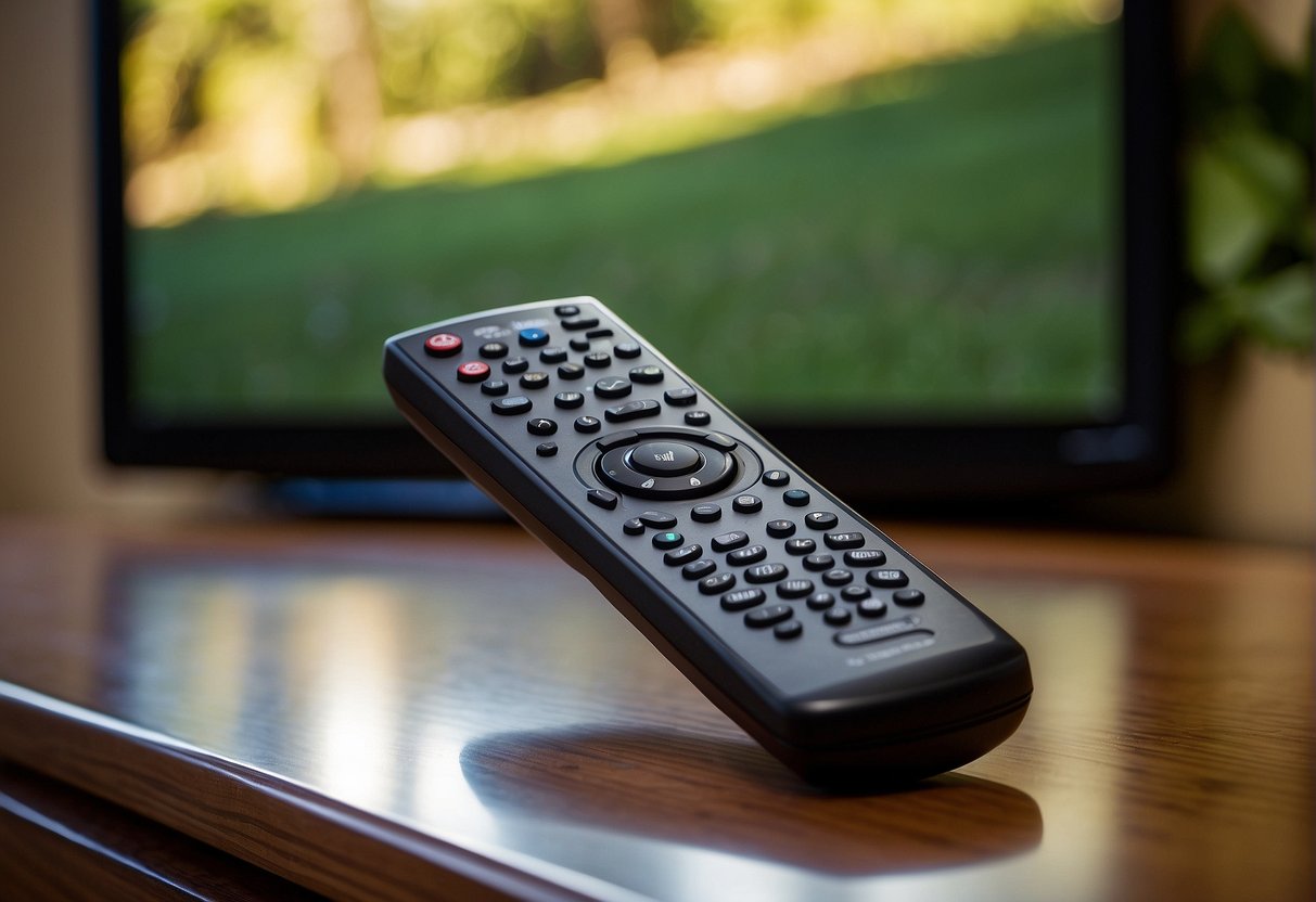 A remote control hovers over a TV displaying the Outdoor Channel. A Spectrum cable box sits nearby