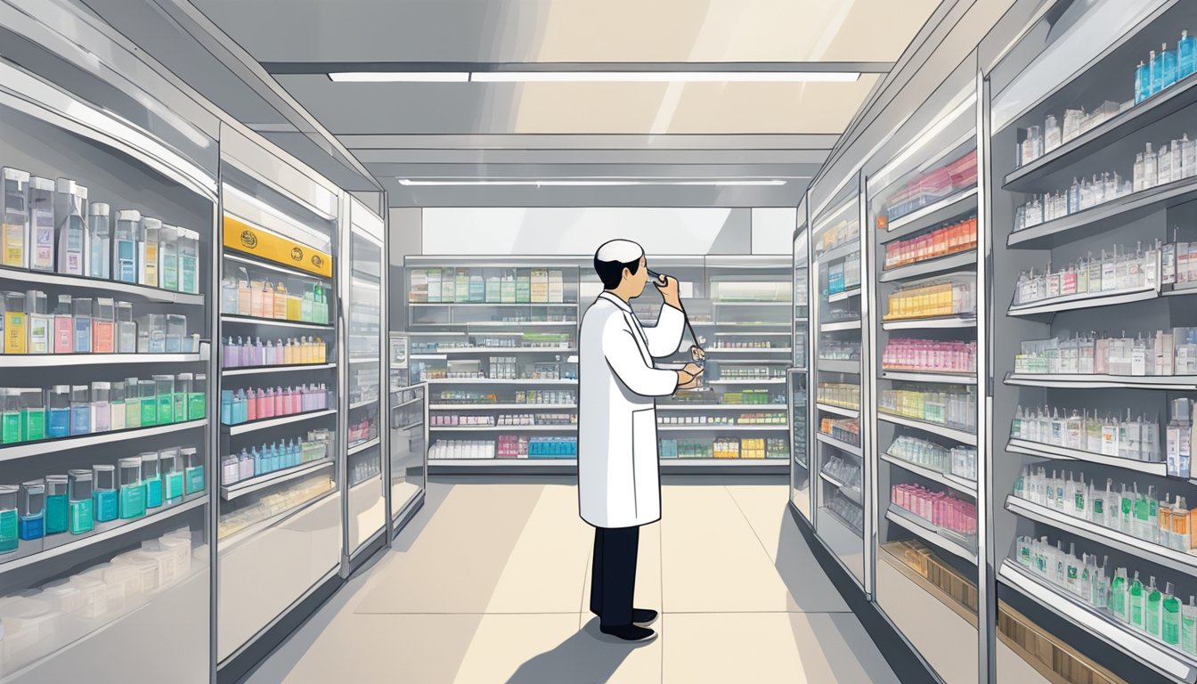 A person in a white lab coat examines a display of Braun thermometers in a brightly lit store in Singapore