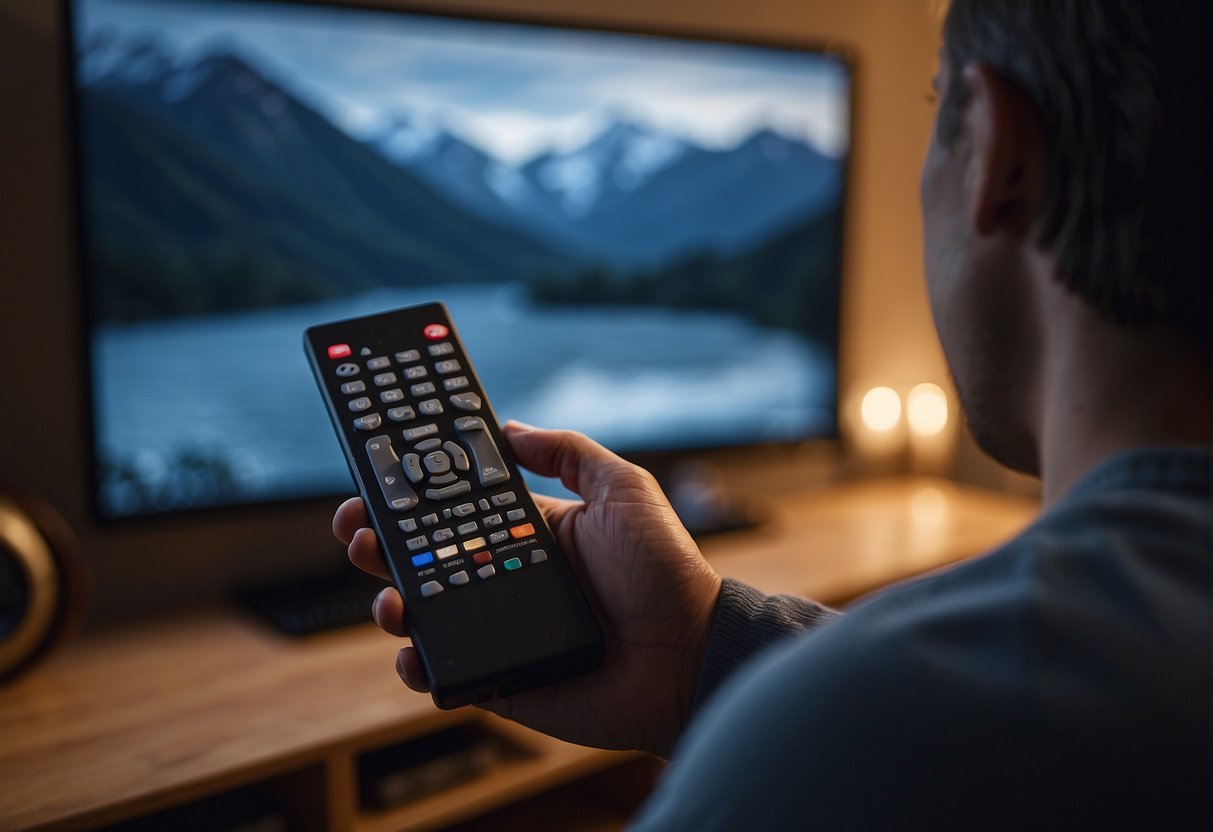 A person points remote at TV, searching for Outdoor Channel on Spectrum