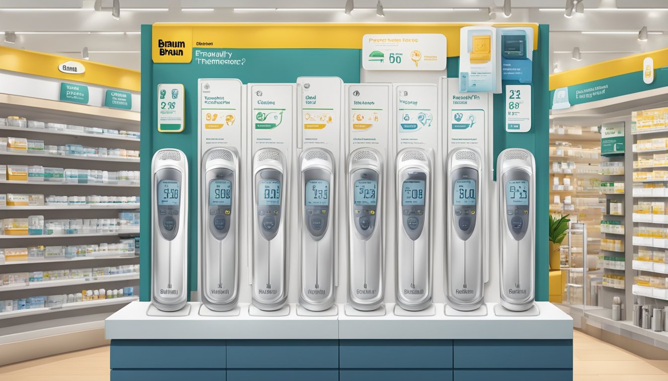 A display of Braun thermometers with "Frequently Asked Questions" sign in a Singapore store
