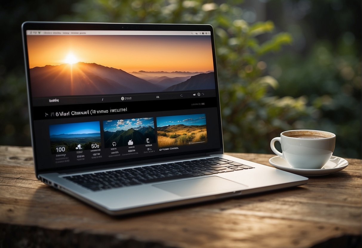 A laptop displaying the Spectrum website with the Outdoor Channel highlighted. A wifi signal icon in the corner indicates online access