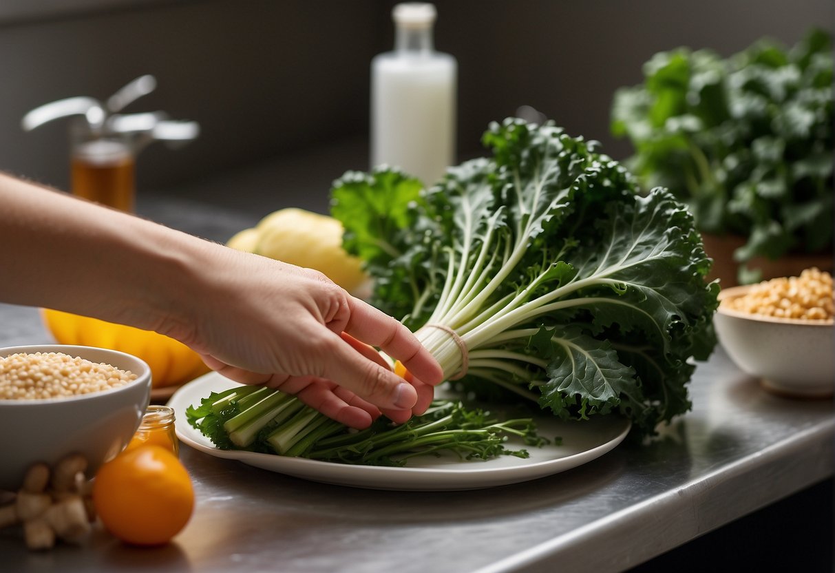 A hand reaches for Chinese kale, ginger, garlic, and soy sauce on a kitchen counter