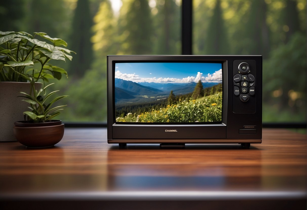 A remote control rests on a coffee table, next to a TV displaying a nature scene. The Outdoor Channel logo is visible on the screen