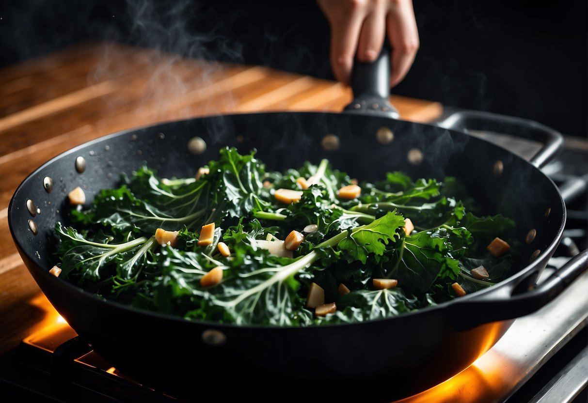 Chinese kale being washed, chopped, and stir-fried with garlic and soy sauce in a sizzling wok