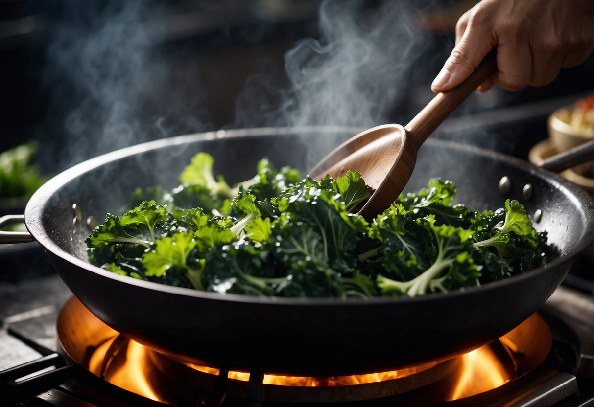 Chinese kale being stir-fried in a wok with garlic, ginger, and soy sauce, steam rising, creating a sizzling sound