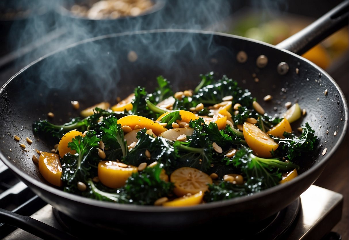 A wok sizzles as Chinese kale is stir-fried with garlic, ginger, and soy sauce. Steam rises, carrying the aroma of the savory dish