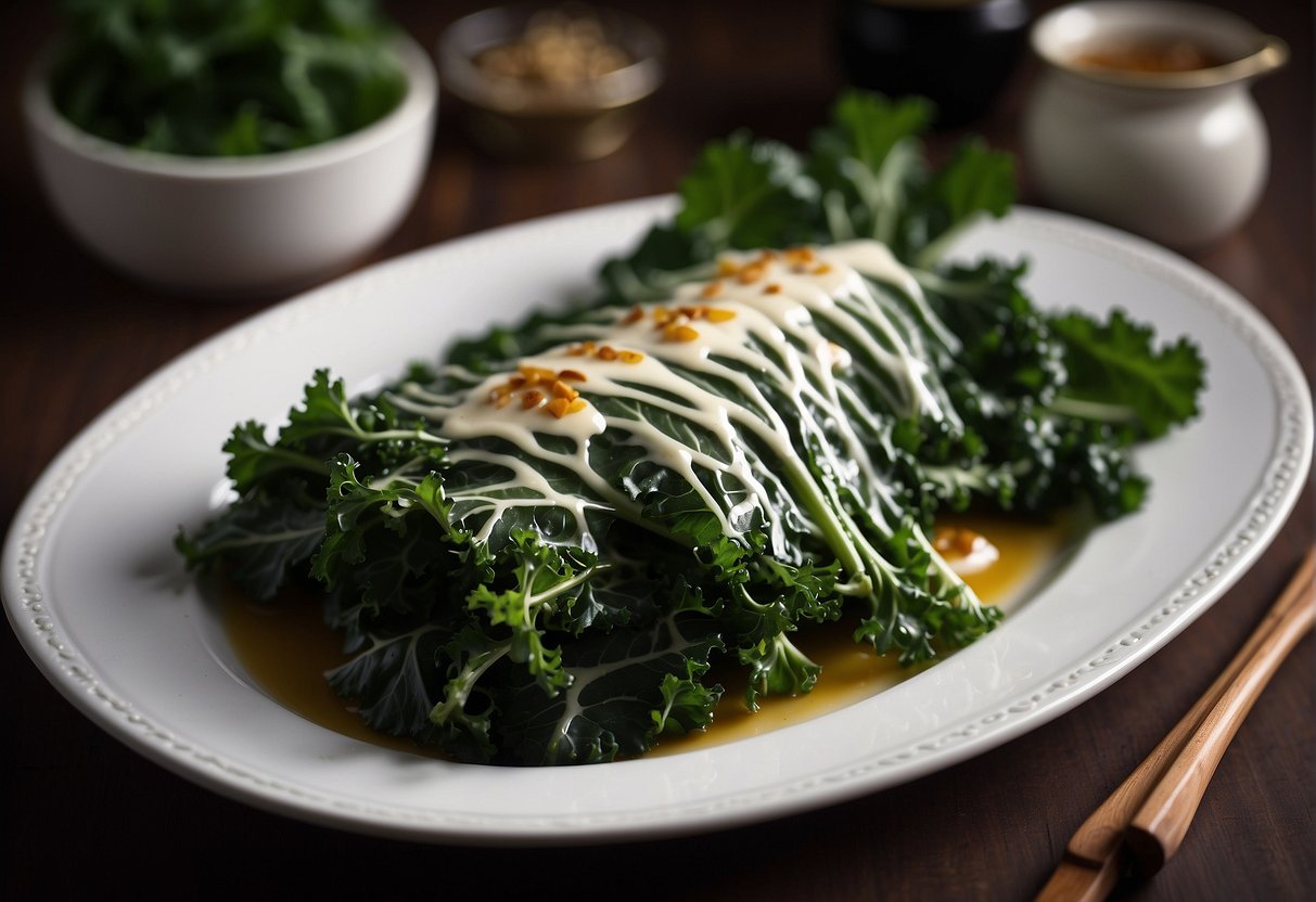 Freshly steamed Chinese kale arranged in a decorative pattern on a white serving platter with a drizzle of savory sauce