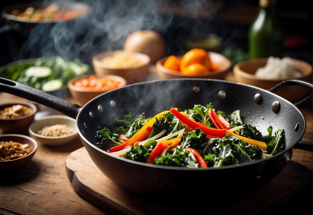 A steaming wok filled with sizzling Chinese kale stir-fry, surrounded by colorful ingredients and a recipe book open to "Frequently Asked Questions."