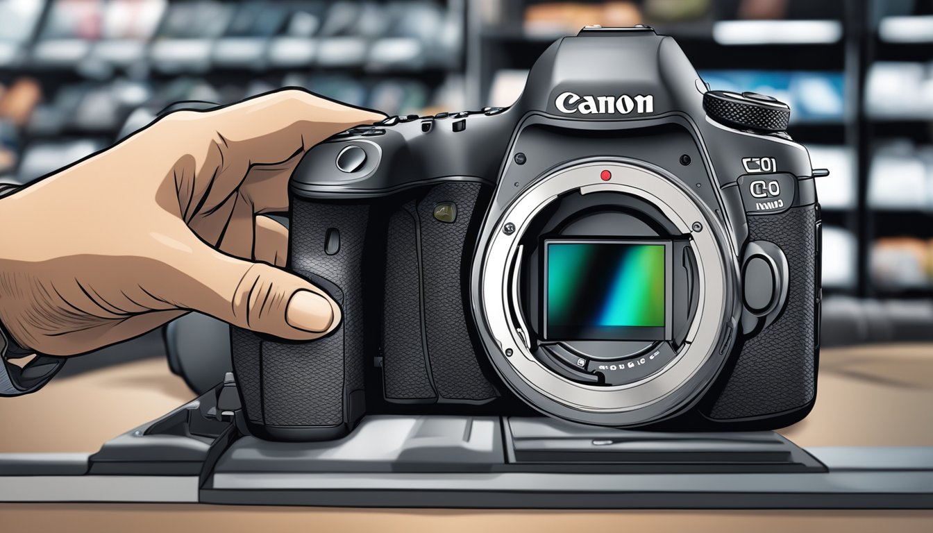 A hand reaching for a Canon lens in a Singapore camera store