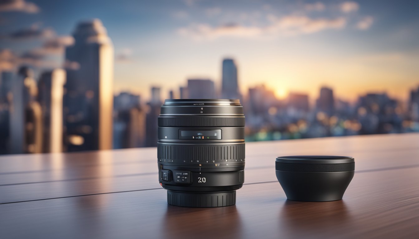 A camera lens resting on a sleek, modern table with a cityscape in the background, capturing the potential of the Canon lens
